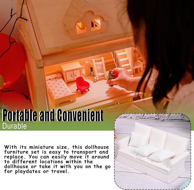 1:12 Scale Dollhouse Sofa with 3 Pillows, Miniature White Wooden Living Room Furniture for Doll House, Realistic DIY Scene Decoration and Collectible Accessory