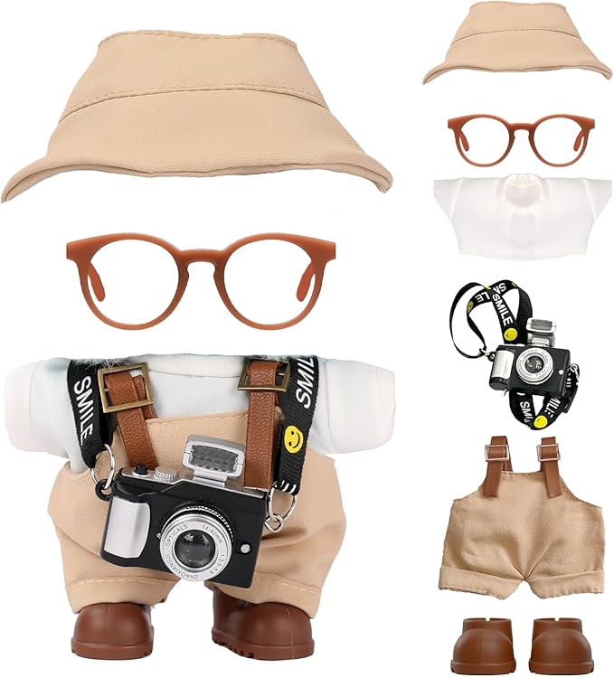 17cm Doll Clothes Set, Hat & Overalls & Shirt & Shoes & Glasses & Camera Set for 17cm Accessories Suit, Stylish Dolls Clothes Accessories, Cute Clothes for Dress up Unique Style (Brown)