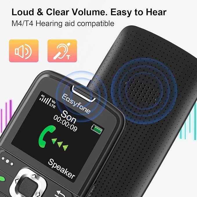Easyfone A6 4G Unlocked Feature Cell Phone, Easy-to-Use Big Button Clear Sound GSM Basic Mobile Phone with an Easy Charging Dock, No Internet & No Camera (Black)