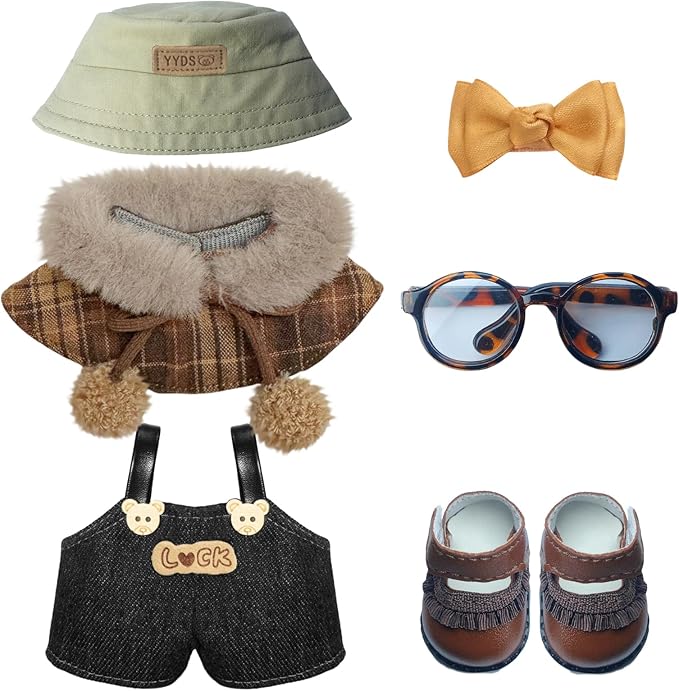 Clothes for 6.7in/17cm Dolls (Without Dolls) Sets and Accessories,6PCS (Hat + Bow + Glasses + Shawl + Pants + Shoes), Collectors and As Gifts. (Academic Style-Brown)