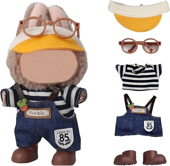 17cm Doll Clothes(NO Doll), Cute Dolls Outfit Accessories with Hat + Glasses + Striped Top + Suspenders Pants + Shoes, Small Kawaii Clothes Set for Dolls(Style 1)