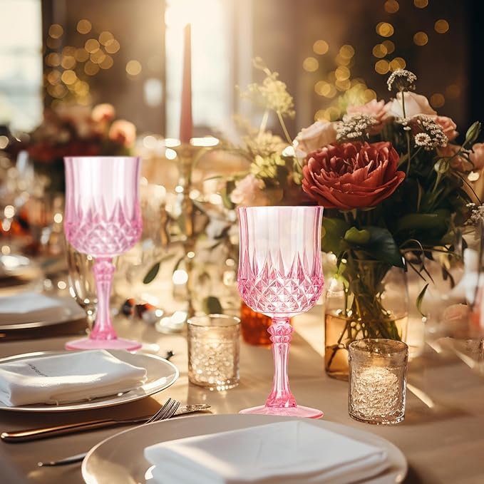 XKXKKE 24 Pcs Pink Plastic Wine Glasses, Plastic Water Goblets for Parties, Stemmed Drinking Glasses for Wedding Reception, Grand Event Party Bar Supplies Reusable Drinking Cups