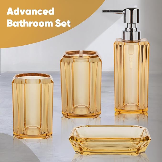 LGURT 4 Piece Premium Acrylic Bathroom Accessory Set, Hand Sanitizer Bottle, Lotion Can Bathroom Suit, Separate Bottle Soap Box, Mouthwash Cup, Toothbrush Cup (Champagne Gold)
