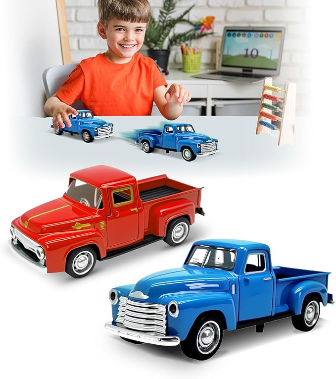2Pcs Little Blue/Red Truck Toy for Toddlers 2 3 4 5 6 7 8 Year Old Boys Girls,1:32 Alloy Toddlers Car Toy Driveable,Car Door Can Open,Toy Trucks for Kids Easter Christmas Birthday Gifts