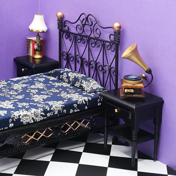 8Pcs 1:12 Dollhouse Bedroom Furniture Set Miniature Black Metal Bed with Bedding, Wooden Bedside Table, Lamp, Books, Murals for Master Bedroom Dollhouse Furniture Decorations Accessories