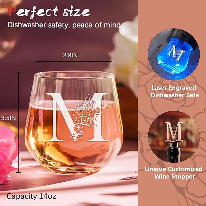 Personalized Gifts for Women, Monogrammed A-Z Wine Glass Customized Gift, Unique Wedding Birthday Gifts for Women Her Mom Friend Sister Wife Daughter Nurse - Dishwasher Safe (M)