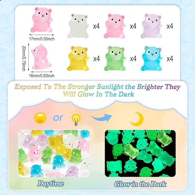 Beadthoven 24Pcs Luminous Mini Resin Bears, Glowing Gummy Bear Animals Miniature Sculpture Dollhouse Figurine Colorful Cute Cabochons Small DIY Charms Micro Fairy Garden Craft Landscape Ornaments