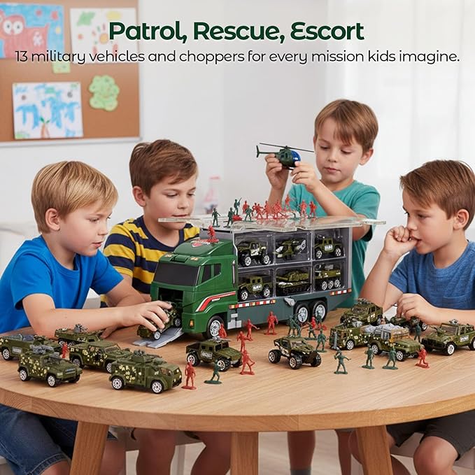 LovesTown 44PCS Large Military Truck Set, 13PCS Mini Die-cast Military Toy Cars in Carrier Truck with 30PCS Army Men Toy Soldiers for Kids Boys Birthday Party Favors