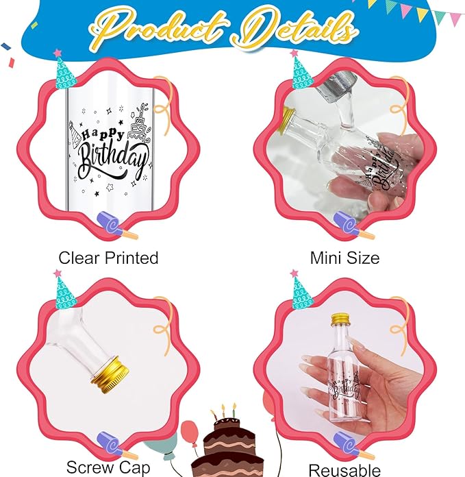 OurWarm 50 Pack Happy Birthday Mini Liquor Bottles, 1.7oz/50ml Empty Plastic Shot Bottles with Gold Screw Caps Funnels Tags & Twines for Juice Wine Alcohol Juicing Ginger Shots Birthday Party Favors