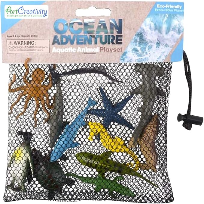 ArtCreativity Aquatic Sea Animal Assortment in Mesh Bag, Pack of 12 Sea Creature Figurines in Assorted Designs, Bath Water Toys for Kids, Ocean Life Party Décor, Party Favors for Boys & Girls