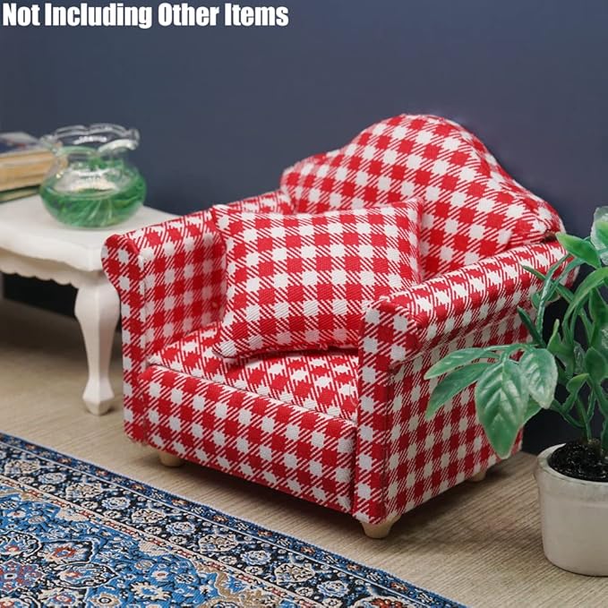 Odoria 1/12 Miniature Chair Armchair Dollhouse Furniture Accessories, Plaid