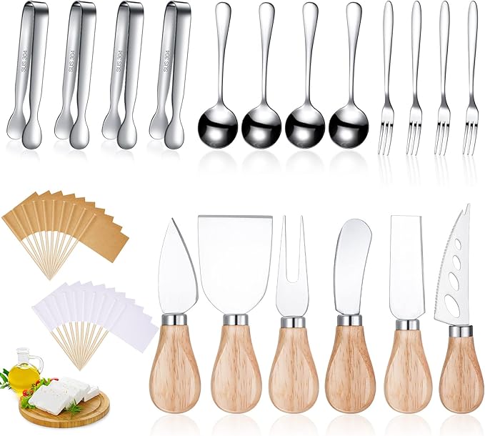 Charcuterie Board Accessories Spreader Knife Set Cheese Butter Spreader Knife Charcuterie Utensils with Wooden Handles Mini Serving Tongs Spoons Forks for party Wedding Christmas (Silver, 18 Pieces)