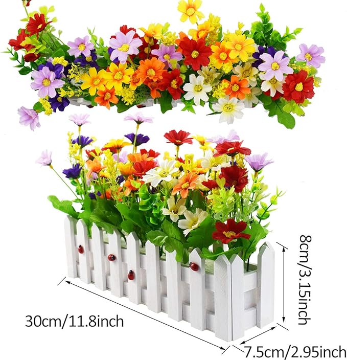 XONOR Artificial Flower Plants - Mixed Color Daisies in Picket Fence Pot for Indoor Office Wedding Home Decor, 2 Sets