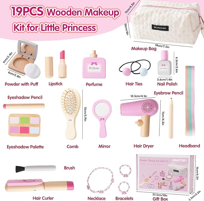 SMARTWO Wooden Makeup Toy Set for Toddler,Kids Pretend Play,Children Role Play Toys,Fake Cosmetics Salon Toys,Princess Dressup Accessories with Bag Birthday Gift for Girls 3 4 5 6