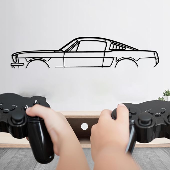 DecoSoul Mustang Metal Car Wall Art, Sports Car, Automotive Silhouette Line Decoration, Minimalist Sculpture for Garage, Indoor Outdoor Wall Hanging, Gift for Boyfriend (Black - 15 x 4.1” inch)