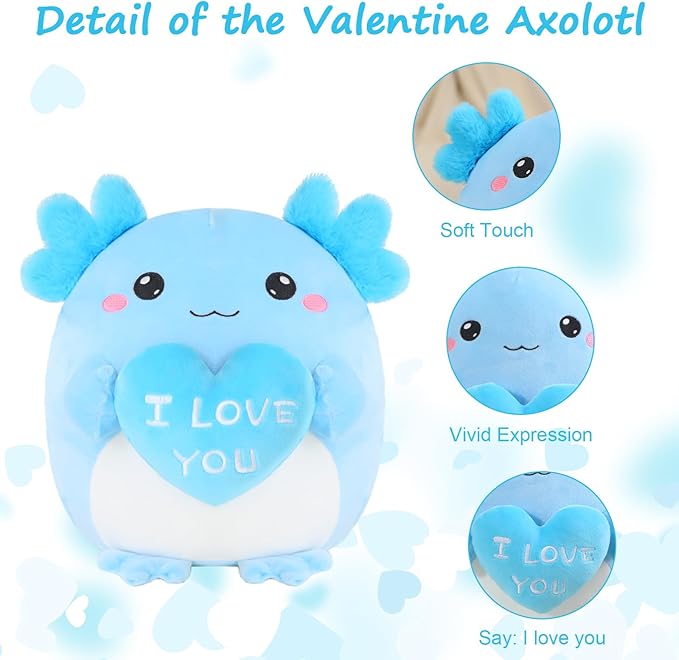Axolotl Stuffed Animal, Loving Axolotl Plush Toys with Holding Heart I Love You for Valentine's Day, Sweet Romantic Anniversary Birthday Gift for Girlfriend/Boyfriend(Blue,10 inch)