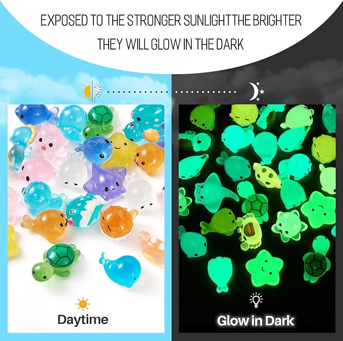 Beadthoven 28pcs Luminous Mini Resin Sea Animals Figures, Fish Crab Star Turtle Figurine Glow in The Dark Miniature Ocean Animal Ornaments for Fish Tank Potted Garden Decoration DIY Micro Landscape