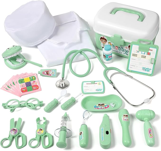 Phobby Durable Doctor Kit for Kids, 27 Pcs Deluxe Pretend Play Medical Kit Toy with Real Stethoscope, Doctor Kit for Toddlers Boys Girls Birthday Gift (Green)