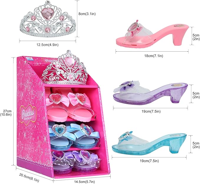 Mastom Girls Play Set! Princess Dress Up Shoes and Tiara (3 Pairs of Shoes + 1 Tiara) Role Play Collection Fashion Princess Shoe for Little Girls