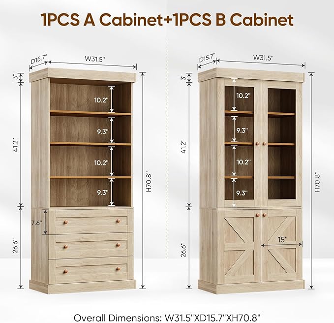 71" Tall Farmhouse Kitchen Pantry, Large Storage Cabinet with Glass Doors, Adjustable Shelves, 3 Drawer, Wood Versatile Hutch Cabinet for Dining Room, Living Room, Brown 4 PCS