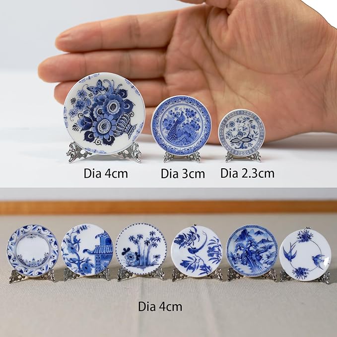 6PCS Handcrafted Miniature Ceramic Plates in 1:12 or 1:6 Scale, Vintage Porcelain Playhouse Dishes (Blue-White C, 4CM)