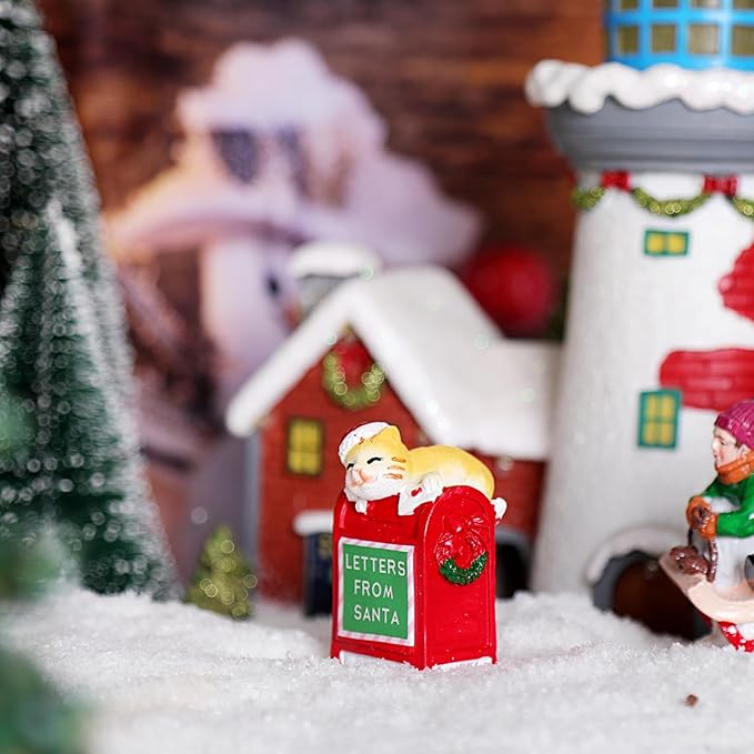 Christmas Village Accessories Ornaments Resin Christmas Village Sets Decoration for Xmas Festival Holiday (Cat Read Letter)