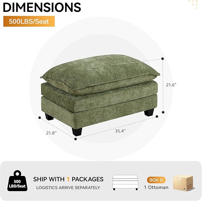 35‘’ Modern Chenille Cloud Sofa Ottoman,Rectangle Ottoman for Modular Sectional Sofa, Green