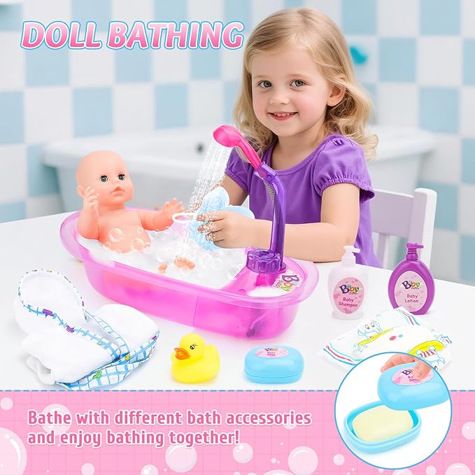 deAO Baby Doll Set,13 Inch Bath Time Baby Doll Playset with Working Shower Spray and Accessories for Kids,Baby Doll and Accessories with Bath Set, Great Pretend Play Toys for Girls