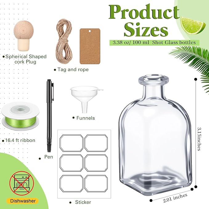 Baderke 12 Pcs 100ml/3.4oz Patron Shot Bottles Empty for Drinks Mini Tequila Shot Bottles Patron with Cork Lids Green Ribbon Reusable Glass Bottle for Weddings Birthday Party Favors DIY Crafts