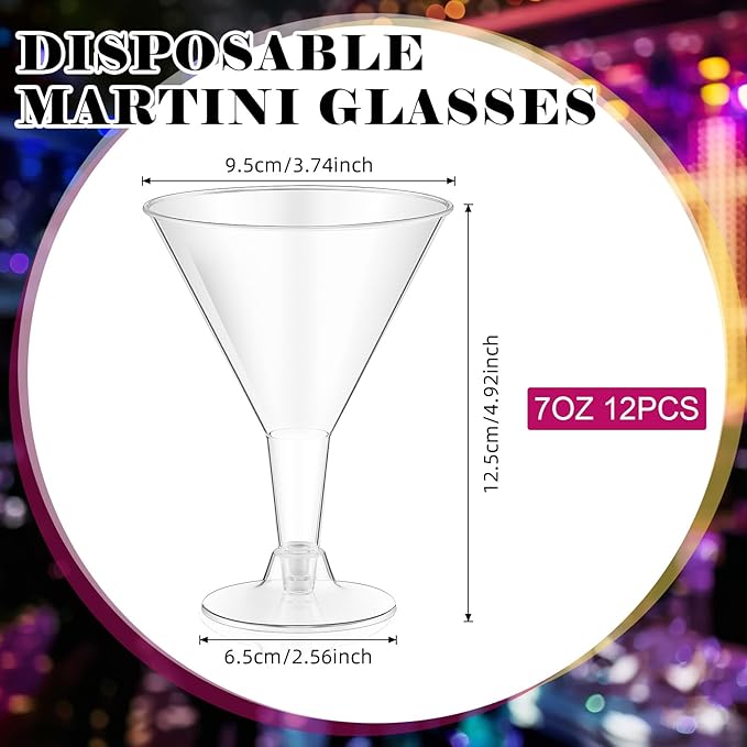 Yinkin 12 Pcs 7 oz Plastic Martini Glasses Disposable Clear Cocktail Dessert Parfait Glasses Unbreakable Mini Martini Cups for Wedding Party Bowl Wine Ice Cream (Stem)