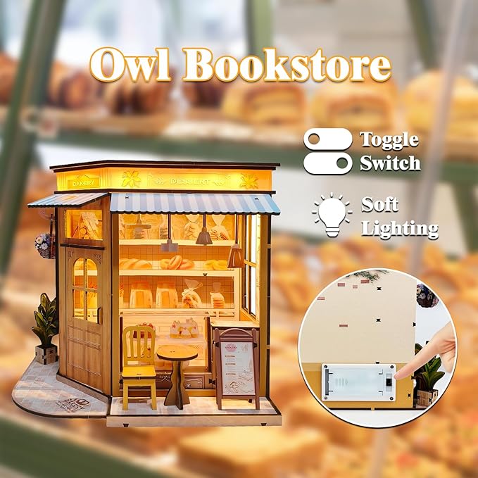 DIY Miniature House - LED Lighting Book Nook Kit Dollhouse Kit for Adults and Teens, Book Nook Tiny House Bookshelf 3D Wooden Puzzle, Gifts for Family Friends (Bakery)