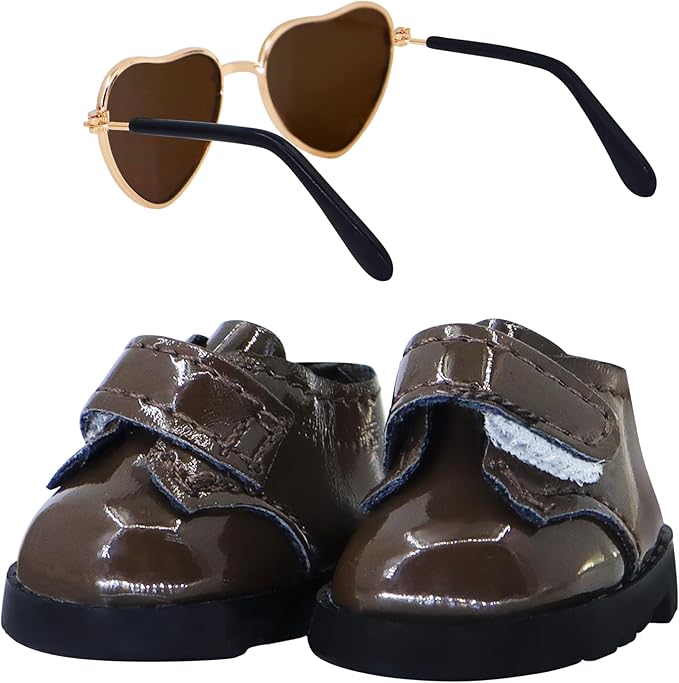 Suitable for 17cm Doll Trendy Small Leather Shoes Paired with Heart Shaped Sunglasses Cute Outfit Two-Piece Set (Brilliant Brown)