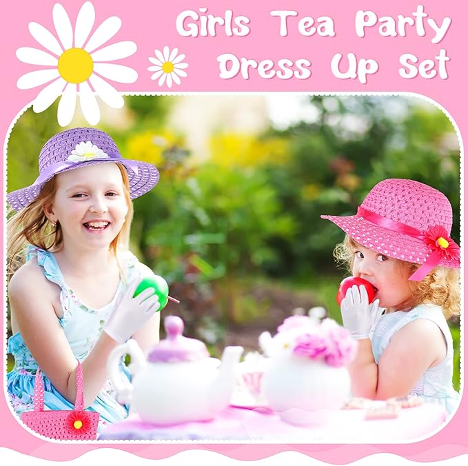 10 Pcs Girls Tea Party Set Includes Tea Party Hats Bonnets Fan Gloves Small Pink Purse Feather Boas Dress up Sets for Little Girls Kids Children Birthdays Easter Party Supplies Accessories