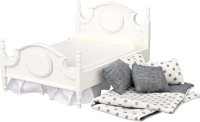 Dollhouse Furniture mini Bed Set, Realistic Bedroom Accessories for 6 inch Dolls, Decorative Grey Bedspread & Pillows, White Wooden Frame, 1/12 Scale