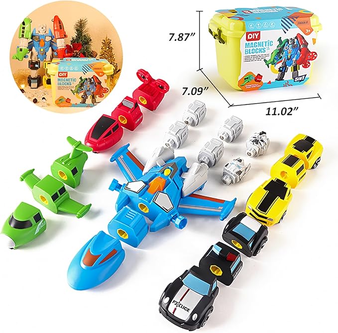 5-in-1 Magnetic Vehicles Playset Toy, Transform to Robot, Mix & Match Assembling Building Action Figures Kit with Storage Box, Birthday Gift for Kids, Boys & Girls 3 4 5 6 7 Year