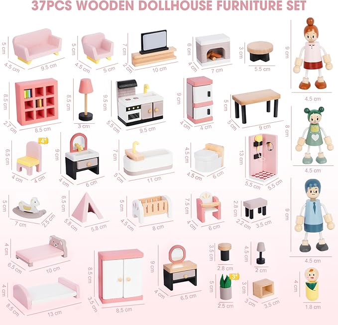 Wooden Dollhouse Furniture Set with 4 Family Dolls, 36 Pcs Sanlebi Doll House Accessories and Furniture, Miniature Furniture Including 5 Room Kits, Pretend Play Toy Gift for Boys Girls Toddler 3+