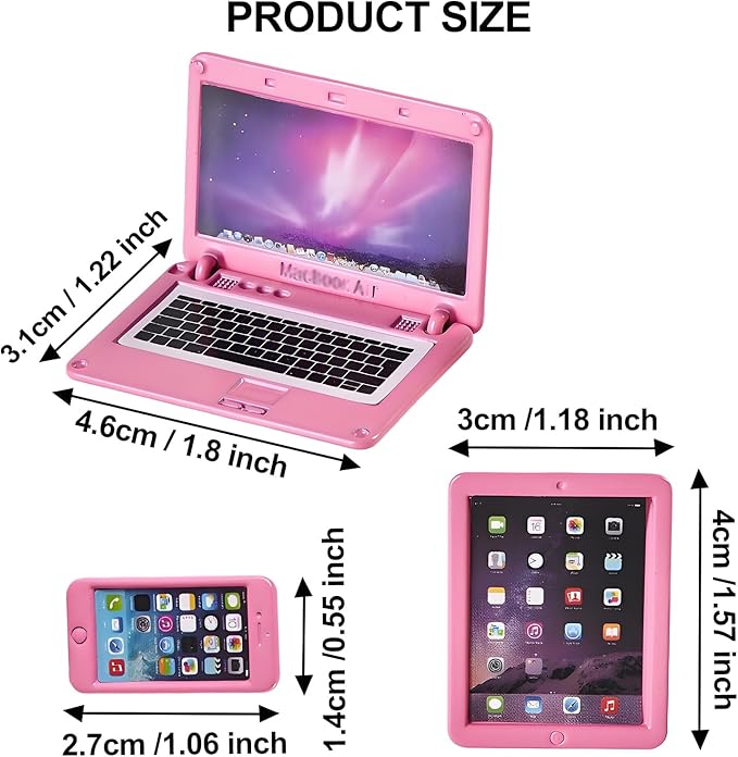 Dollhouse Laptop Accessories, 1/12 1/6 Scale Minature Tablet Smart Phone Mini Stuff Doll House Furniture Play Set Accessories 3 Pcs (Pink)