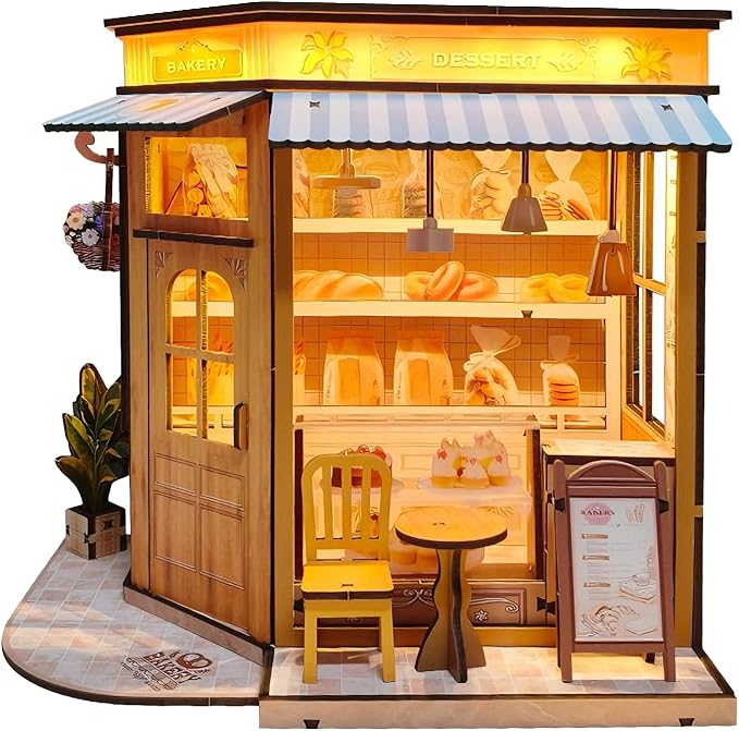 DIY Miniature House - LED Lighting Book Nook Kit Dollhouse Kit for Adults and Teens, Book Nook Tiny House Bookshelf 3D Wooden Puzzle, Gifts for Family Friends (Bakery)
