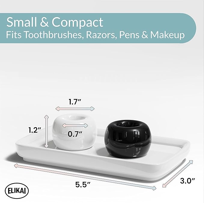 ELIKAI Ceramic Toothbrush Holder Set with Tray, Countertop Organizer for Bathroom, Storage Solution for Toothbrushes, Bathroom Accessories – Black/White – 2 Pack