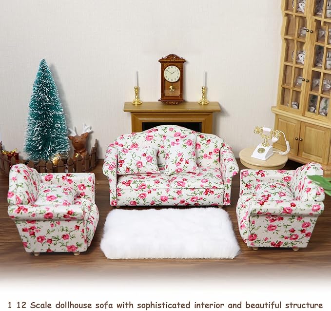 Dollhouse Couch with Pillow 1 12 Scale Miniature Sofa Arm Chair Living Room Furniture Wooden Fabric Frame Single Reading Chair Artificial House Room Scene Decoration (Rose Floral)