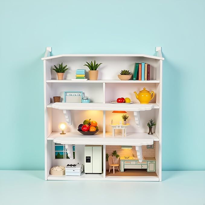 2 Pcs White Dollhouse Wall Shelf,1:12 Scale Miniature Dollhouse Accessories,Doll House Storage Wall Shelf for Kitchen Scene Décor Accessories,DIY Wooden Dollhouse Furniture Set
