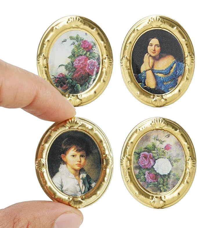 Odoria Dollhouse Wall Art Miniature: 1/12 Scale Framed Picture Oval for Victorian Vintage Living Room - Mini Painting Golden Antique for Gallery - Tiny Portrait Flower Artwork Paper 4Pcs