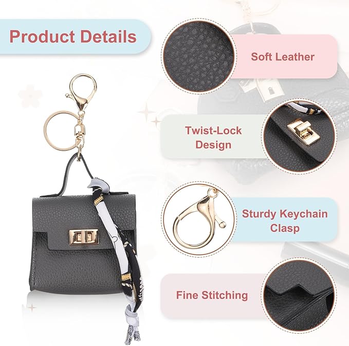 PATIKIL Mini Backpack Keychain, Cute Coin Purse Keychain PU Leather Backpack Purse Key Chain Little Earbud Bag Keychains for Women Mini Card Data Cable Organizer, Gray