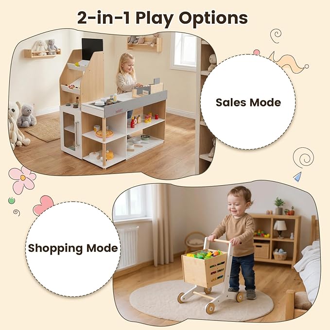 Costzon Grocery Store Pretend Play, Wooden Play Store, Toddler Supermarket Playset with Cash Register, Vending Machine, Chalkboard, Kids Grocery Store Playset, Gift for Boys & Girls