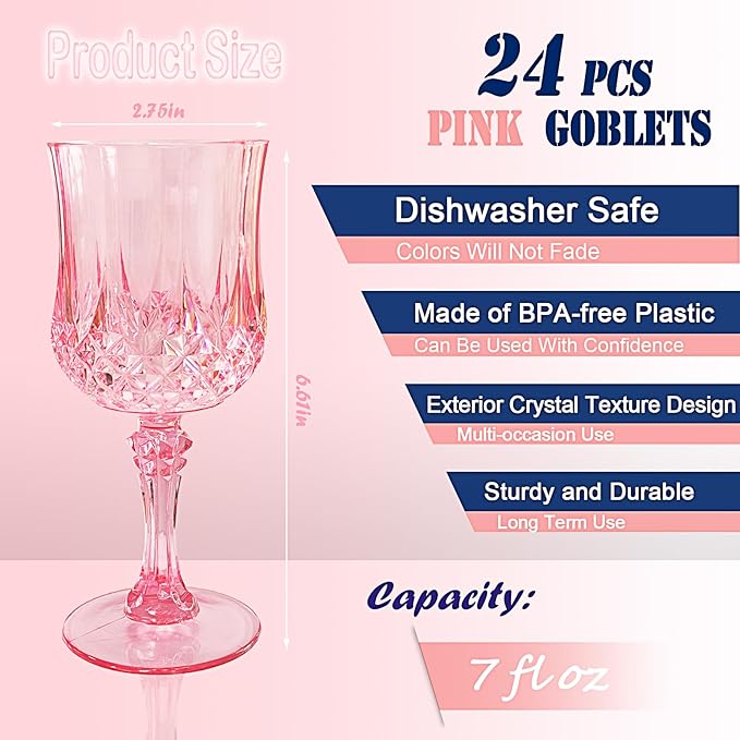 Veiuwa 24 PCS Pink Plastic Wine Glasses,Reusable Plastic Wine Glasses,Pink Goblet Glass,Durable and Sturdy Cups Can Be Used for Various Parties Such as Weddings!