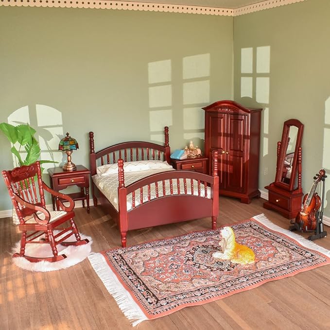 iLAND Vintage Dollhouse Furniture 1/12 Scale, Dollhouse Bedroom Furniture in Mahogany Color incl Dollhouse Bed & Mirror Full Length & Wardrobe & Bedside Table & Rocking Chair (Brewster 7pcs)