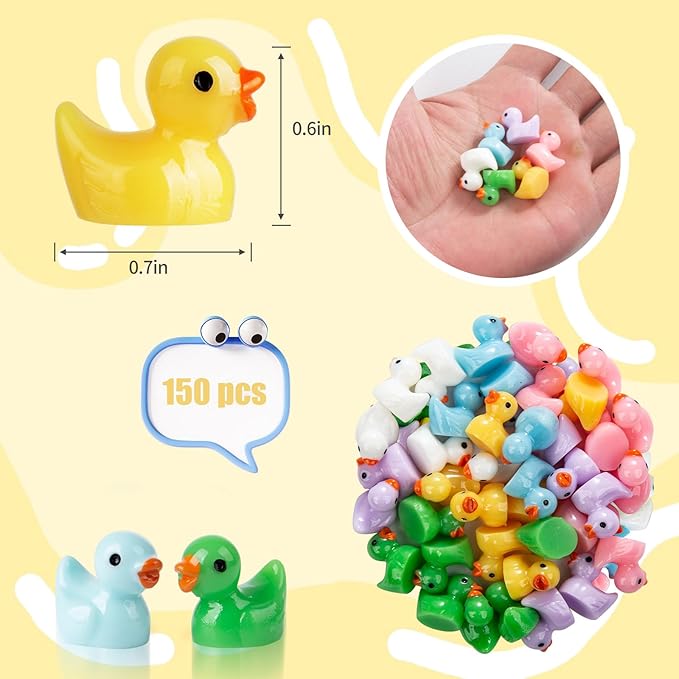 150 Pieces Mini Resin Duck Miniature Figures Micro Fairy Garden Landscape Aquarium Dollhouse Ornament Potted Plants Decoration DIY Slime Charms for Christmas Birthday Party (100Yellow+50Multicolor)