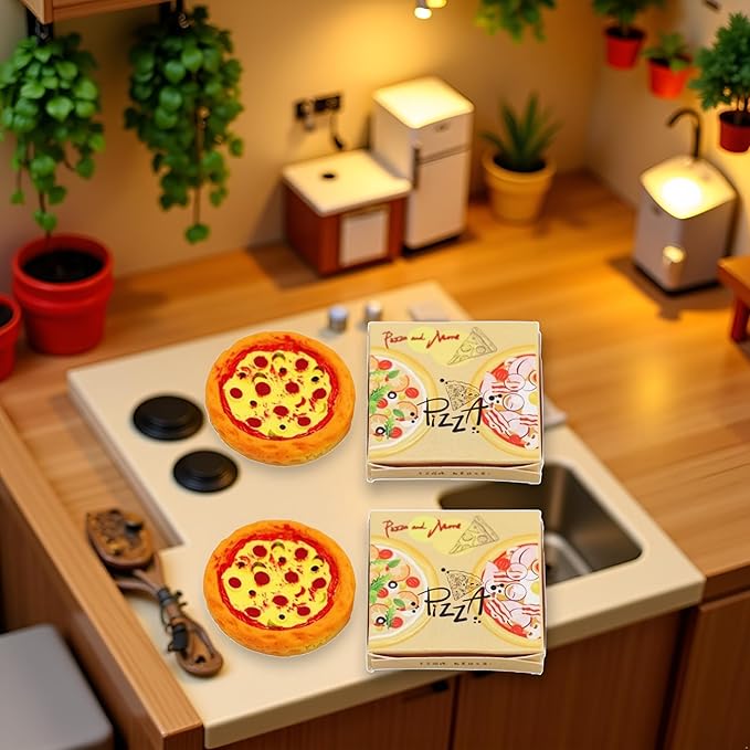 4-Piece 1/12 Miniature Pizza Set, Miniature Pizza Dollhouse Decoration Accessories Resin Mix Pizza Mini House Food Decoration Accessories Dollhouse Décor