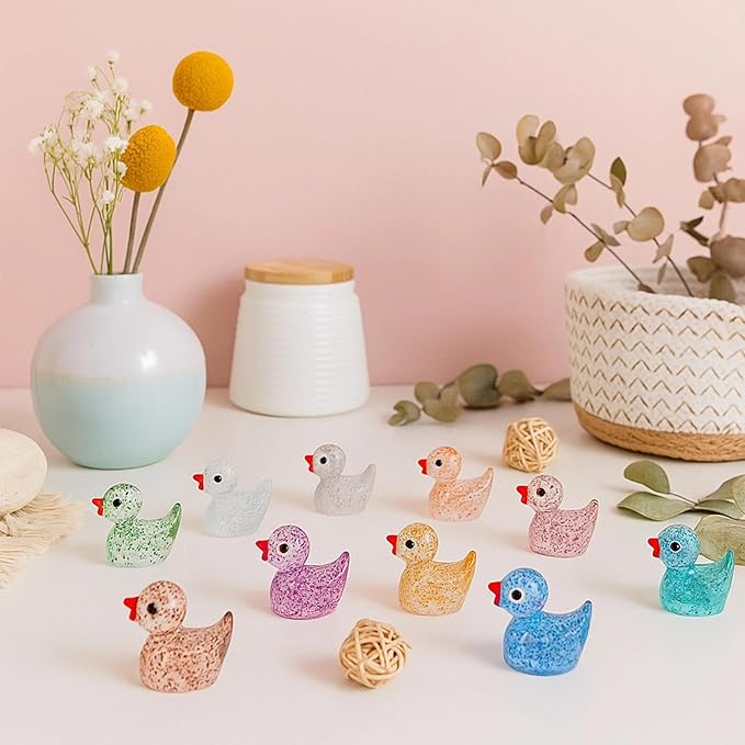 240pcs Mini Glitter Ducks Colorful Tiny Small Little Resin Duck for Dollhouse Fairy Garden Landscape Fish Tank Aquarium Decorations Animals Figures to Hide Miniature Cute Micro Prank Accessories