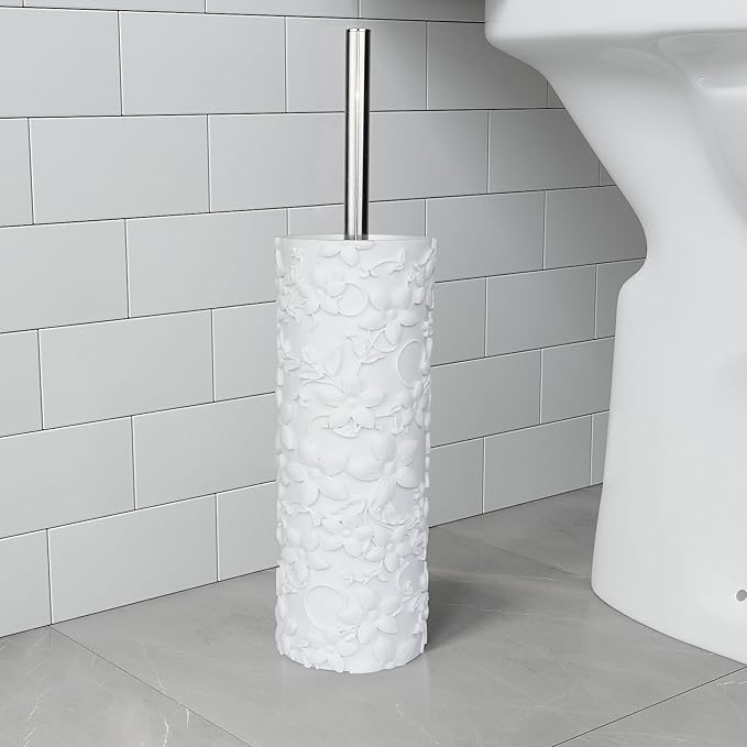 Indecor Home White Floral Design Resin Toilet Bowl Holder and Brush Set, Stylish Bathroom Cleaning Tool with Durable Bristles, Compact and Functional